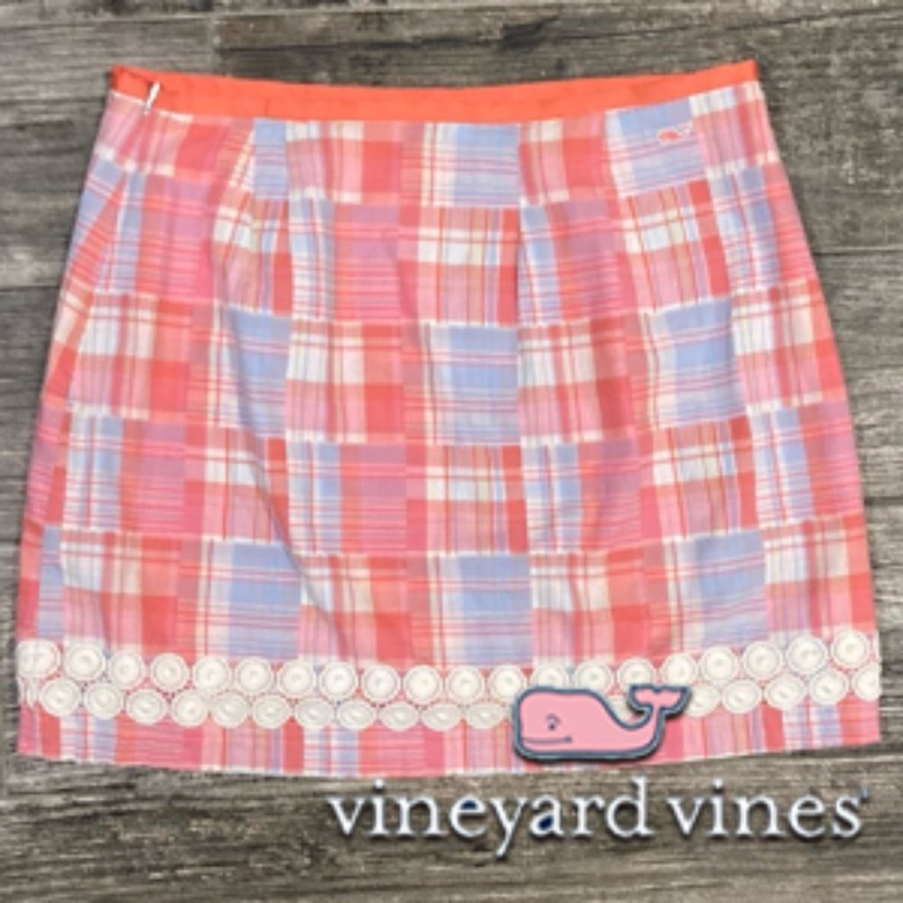 EUC! VINEYARD VINES pink & light blue madras plaid mini skirt sz 6